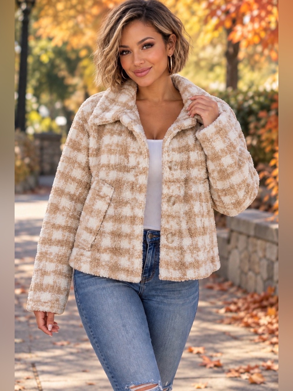 NWT Blu Pepper Plaid Teddy Fleece Jacket - Beige & Cream